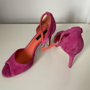 Bright pink suede peep toe heals